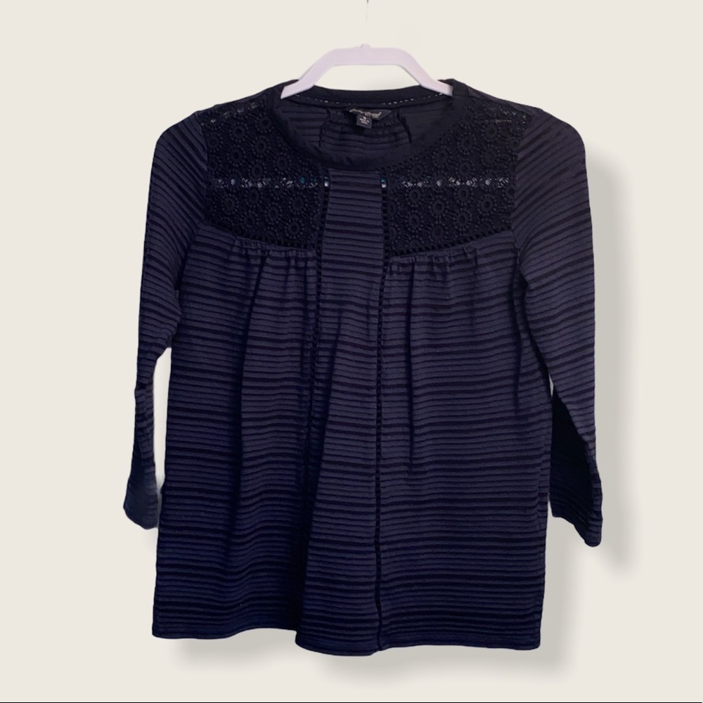 Lucky Brand blouse striped and embroidered stripes cut out necklines size small